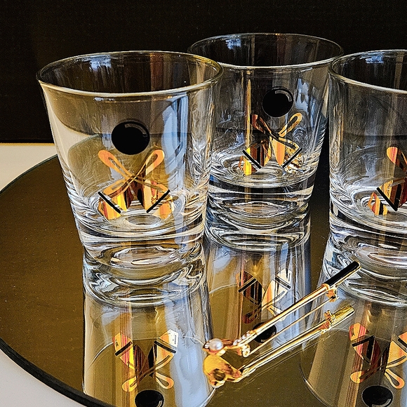 VTG MCM Bowling Gold & Black Lowball Glasses - Picture 2 of 4